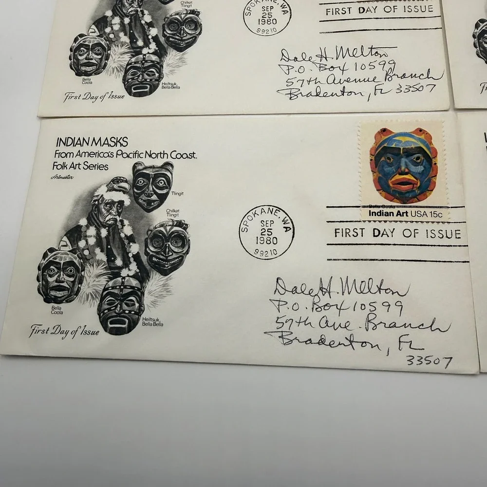 4pc Vintage 1980 Artmaster Indian Masks First Day of Issue Covers Spokane WA